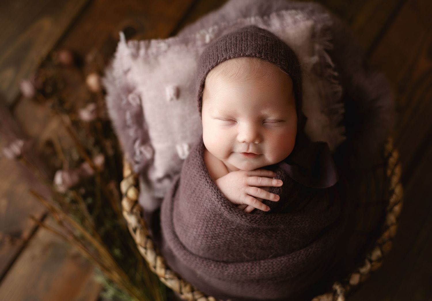 Newborn in purple hat and wrap. Greenville SC newborn photographer, Easley, SC newborn photographer, Upstate newborn photographer