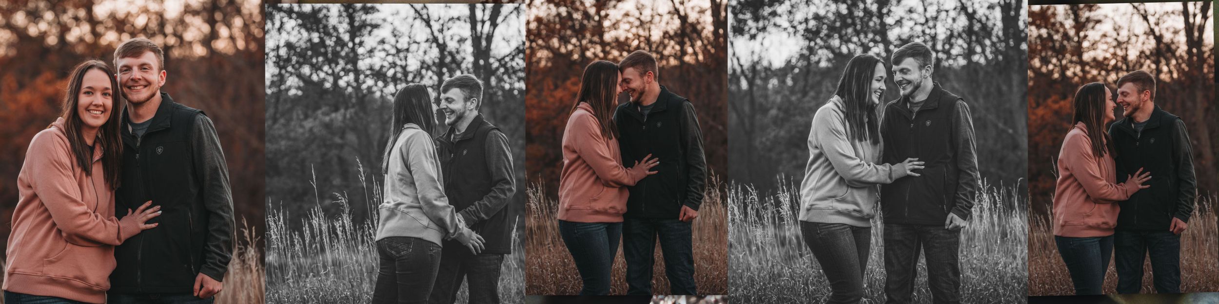 A collection of snapshots in muted tones showing a romantic couple embracing outdoors during a photoshoot.