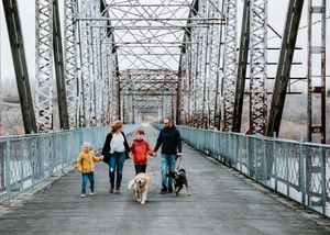 Family with two kids and two dogs walking across a steel bridge together.