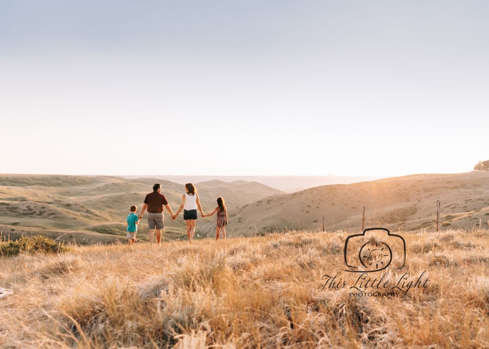 Family of four holding hands while watching a golden sunset over rolling hills.