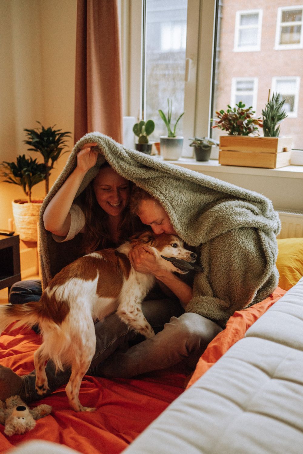 Couple and dog share tender moment under grey blanket on red bedding.