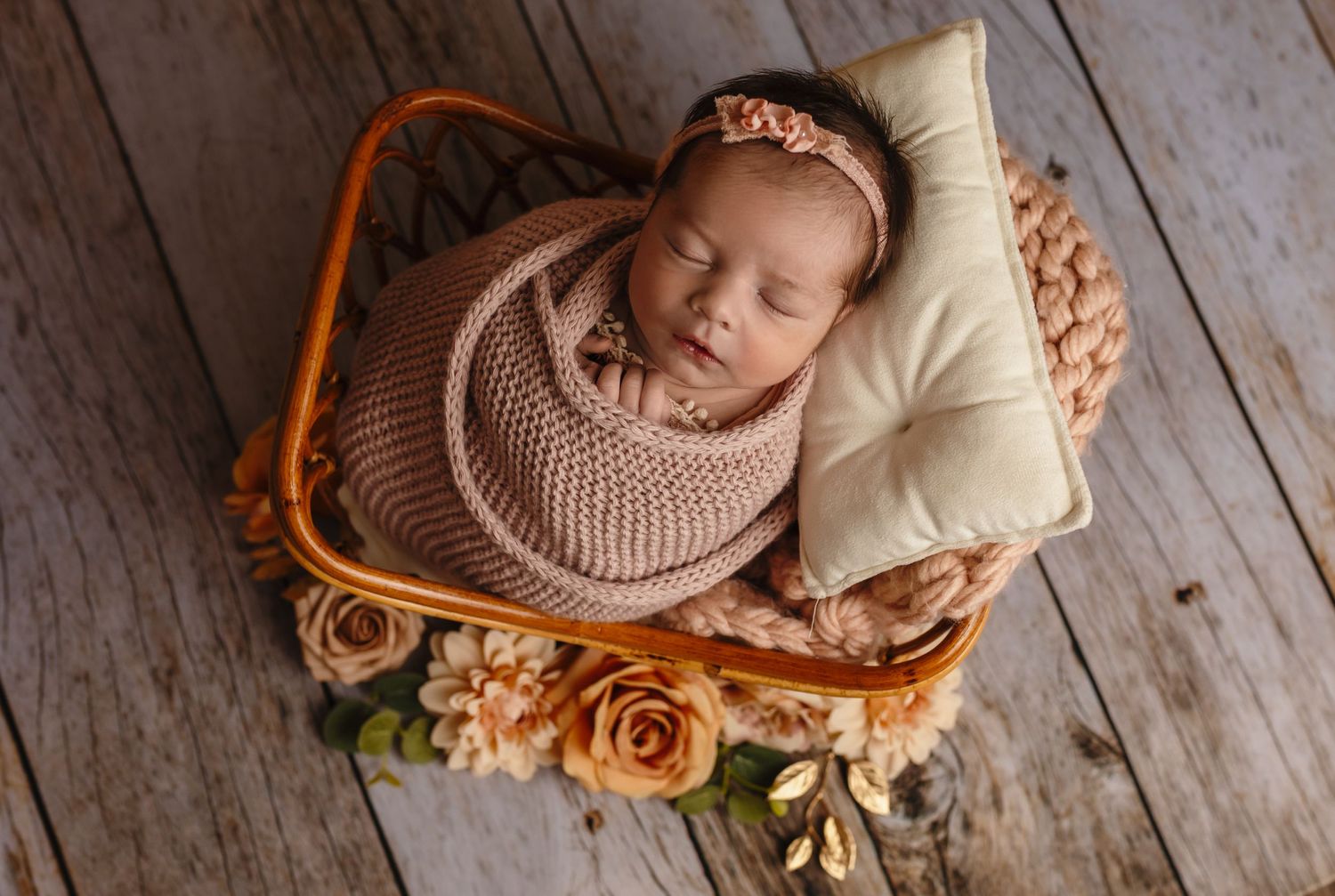 Charlottesville photographer, newborn, family, maternity, baby, baby in blush wrap in basket adorned with roses