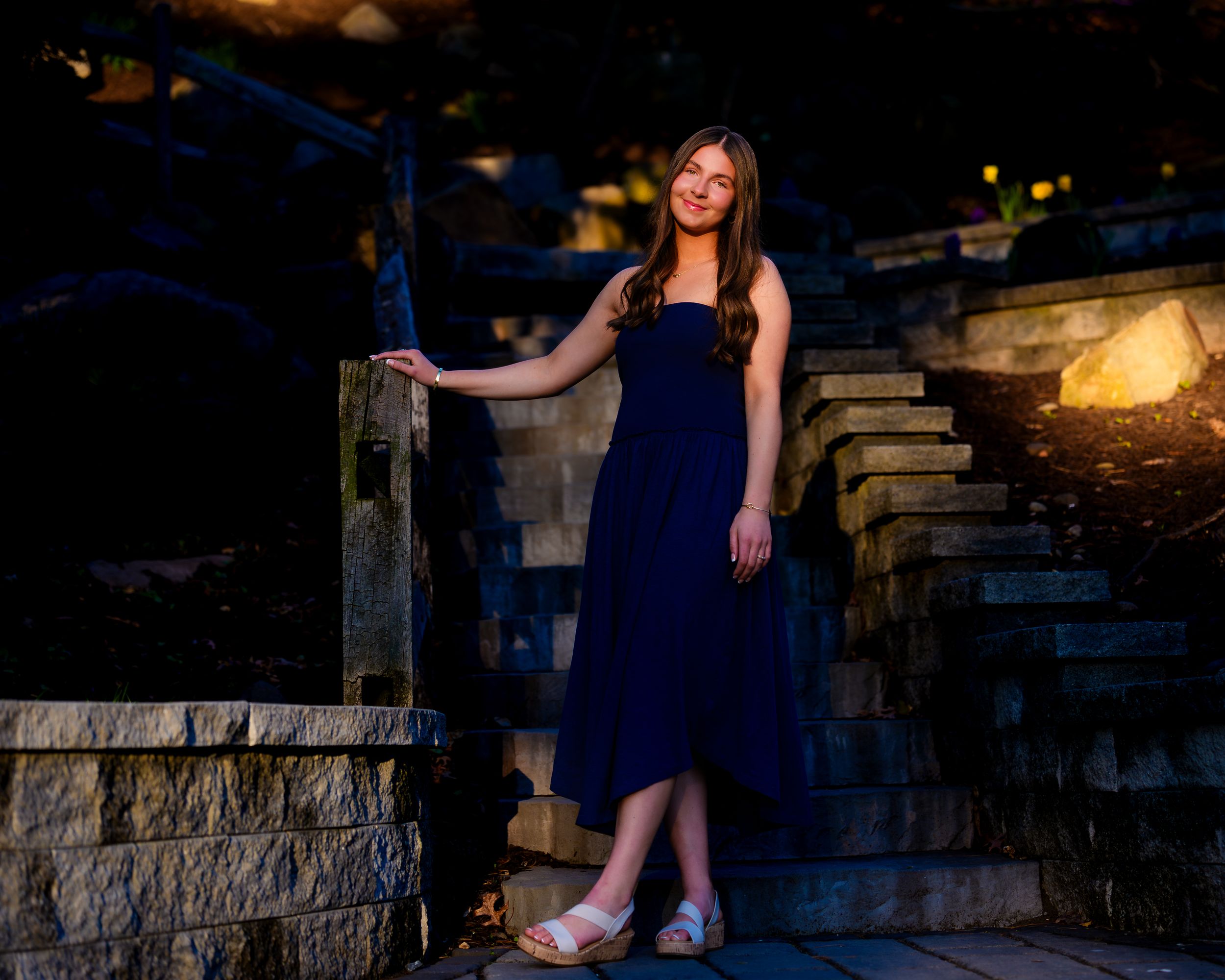 Hershey High School senior portrait on stone steps at night, outdoor location session, by Deanna Fox, SportsFox Photography, Hershey PA
