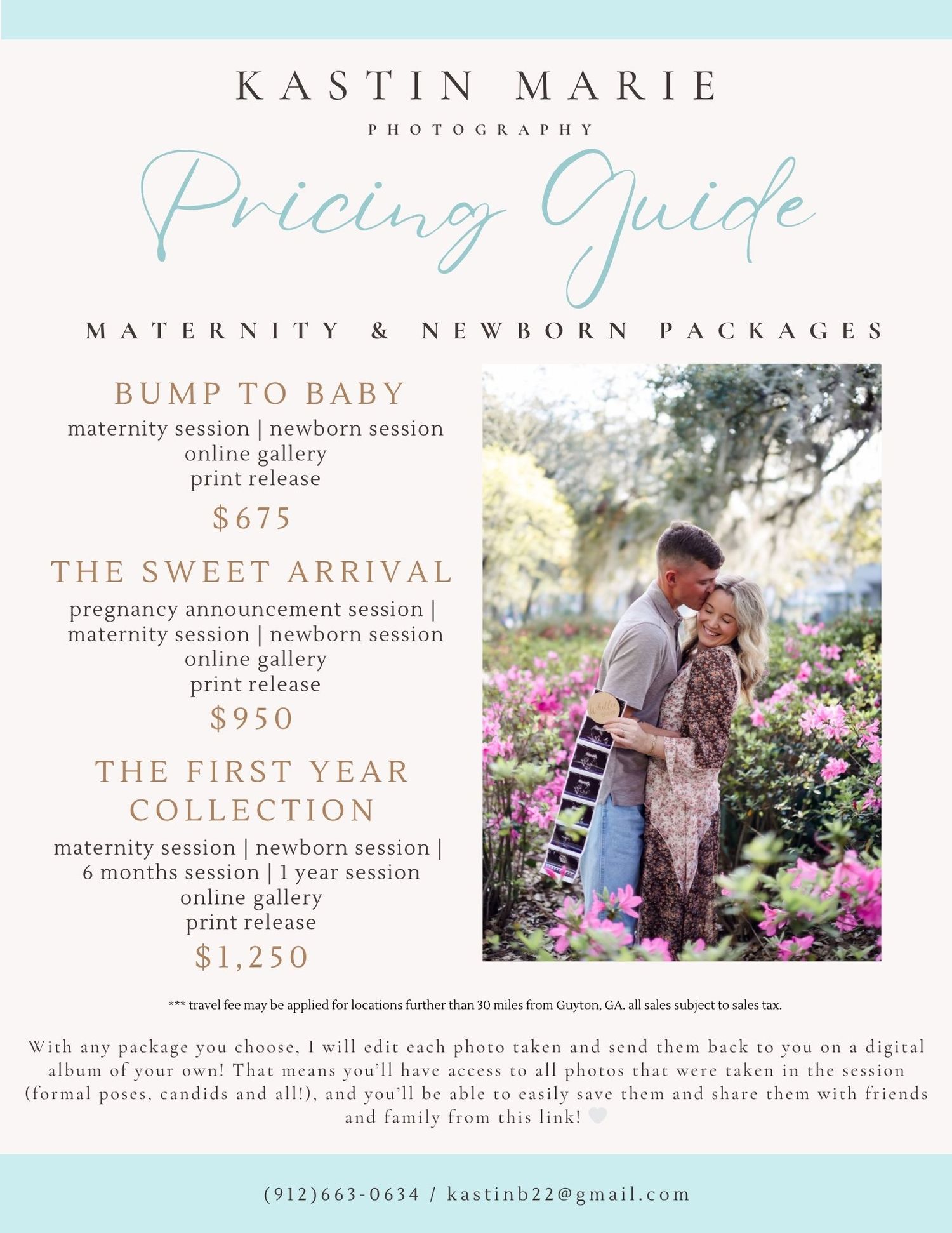 Photography pricing guide template showing maternity and newborn package details with floral design elements.