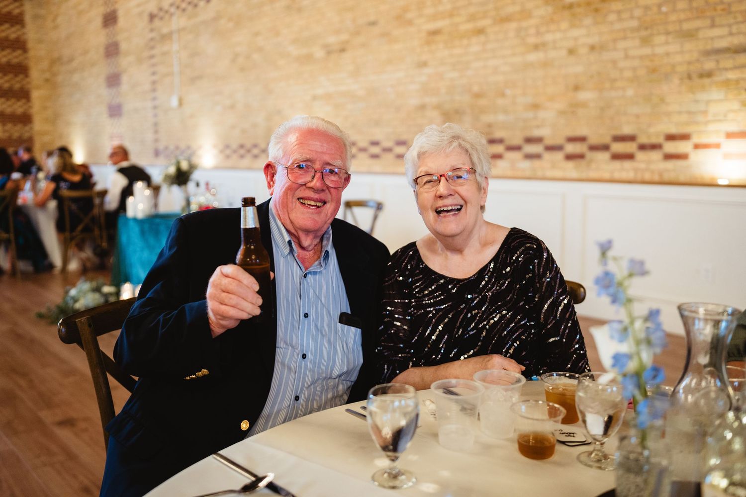 A series of candid photos showing people enjoying a social gathering at what appears to be a restaurant or event space.