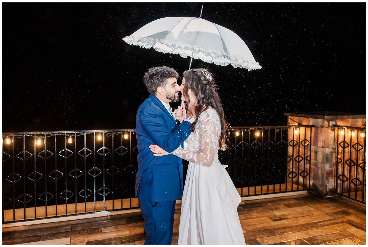 A romantic couple shares intimate moments at night on a balcony in a series of connected photographs.