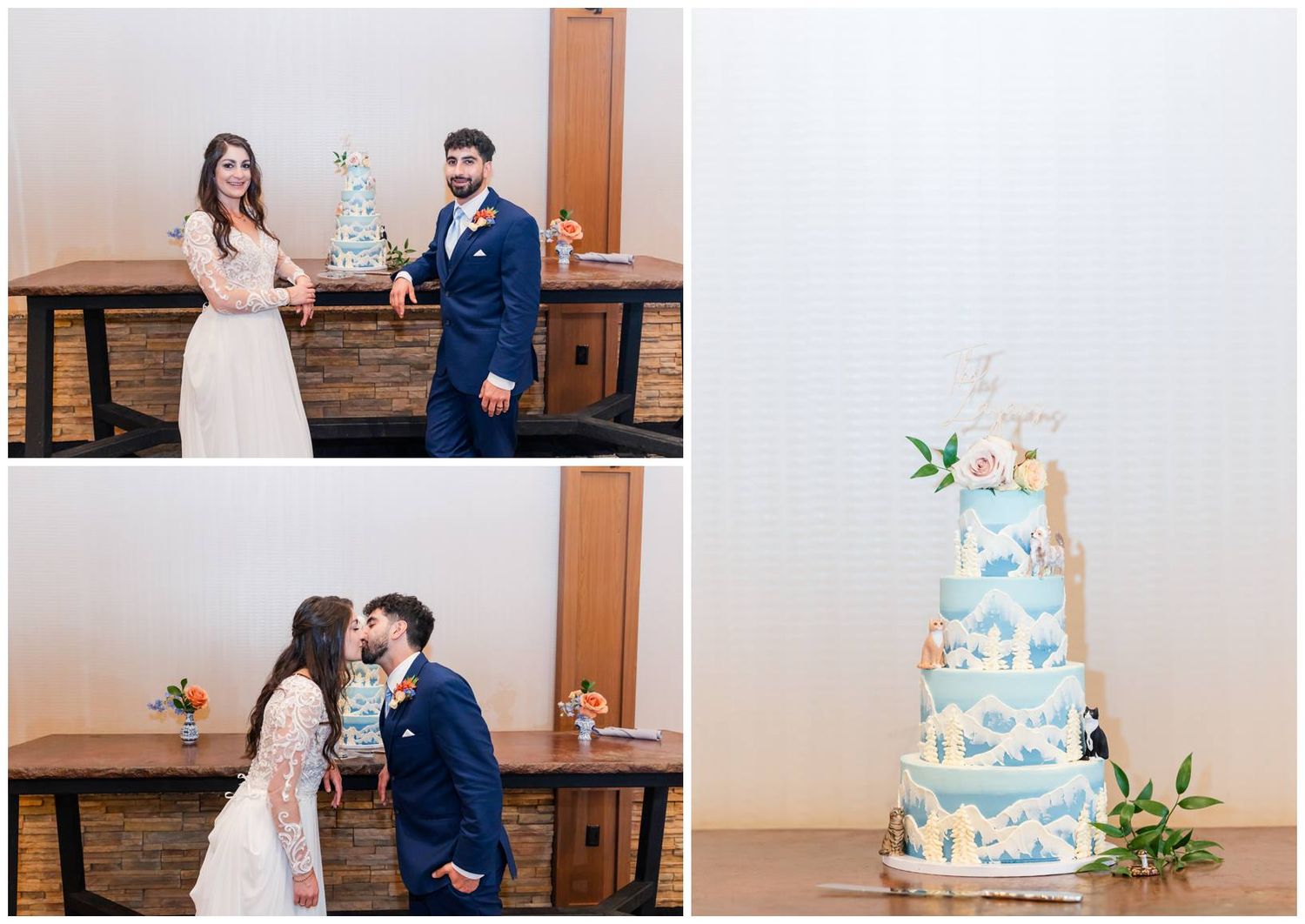 A wedding couple shares a romantic moment in front of a modern white and blue cake decorated with fresh greenery.