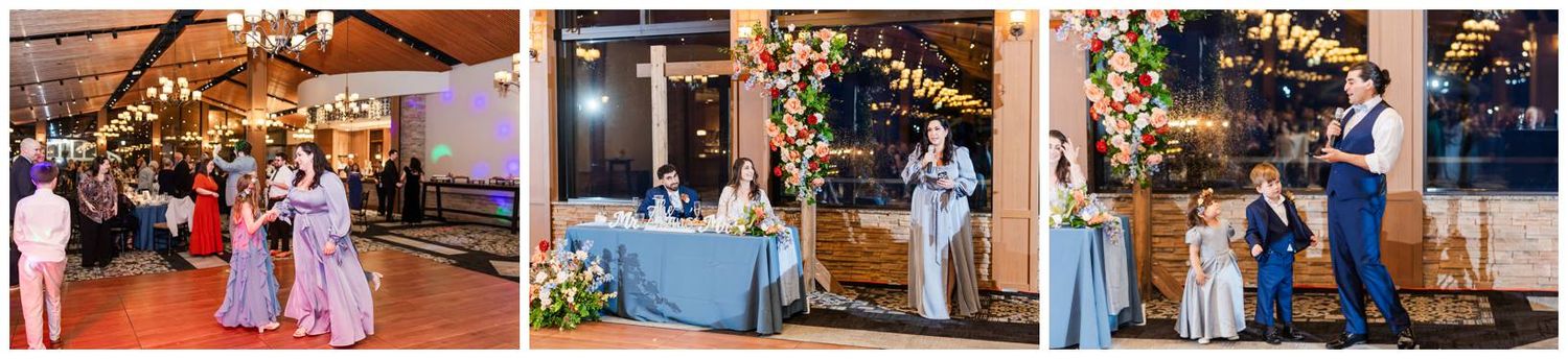Reception venue decorated with string lights and guests dancing at evening celebration.