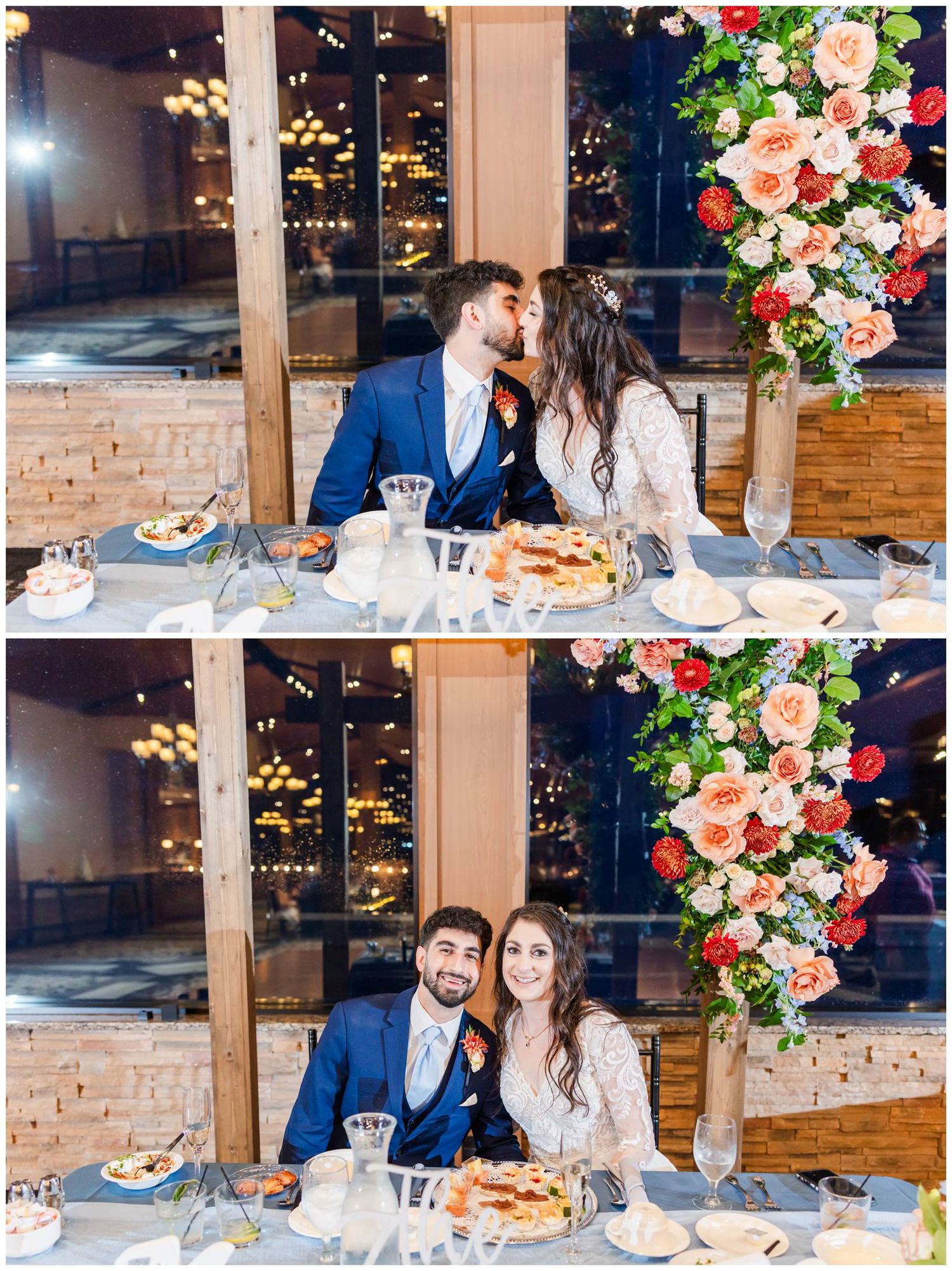 Romantic wedding reception table settings with floral centerpieces and intimate dining atmosphere under soft lighting.