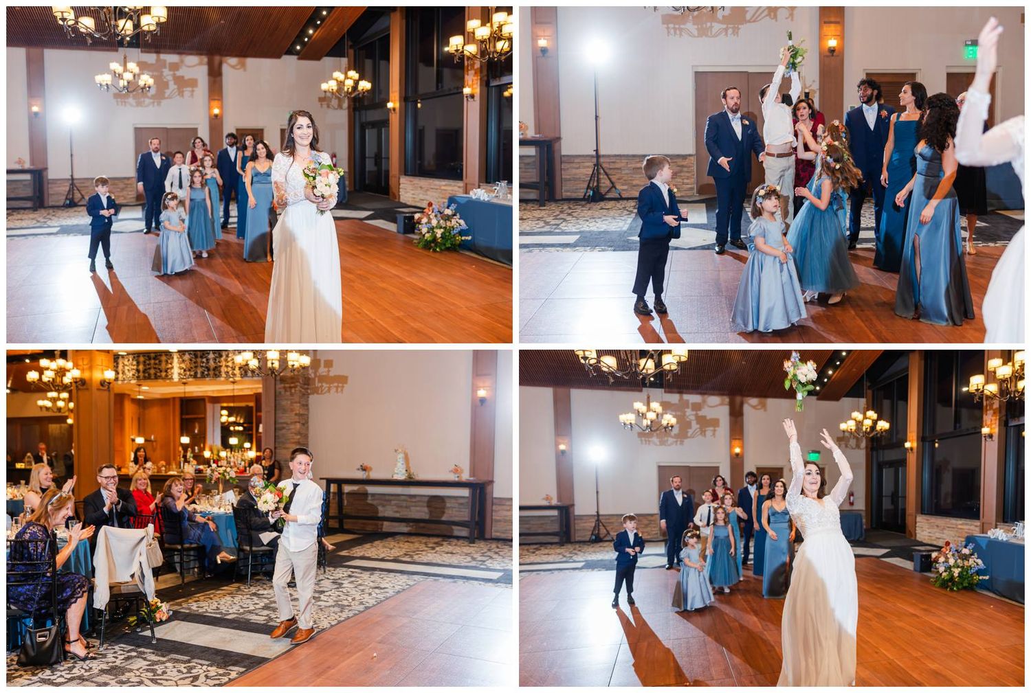 Indoor wedding celebration with guests dancing and celebrating under chandeliers.