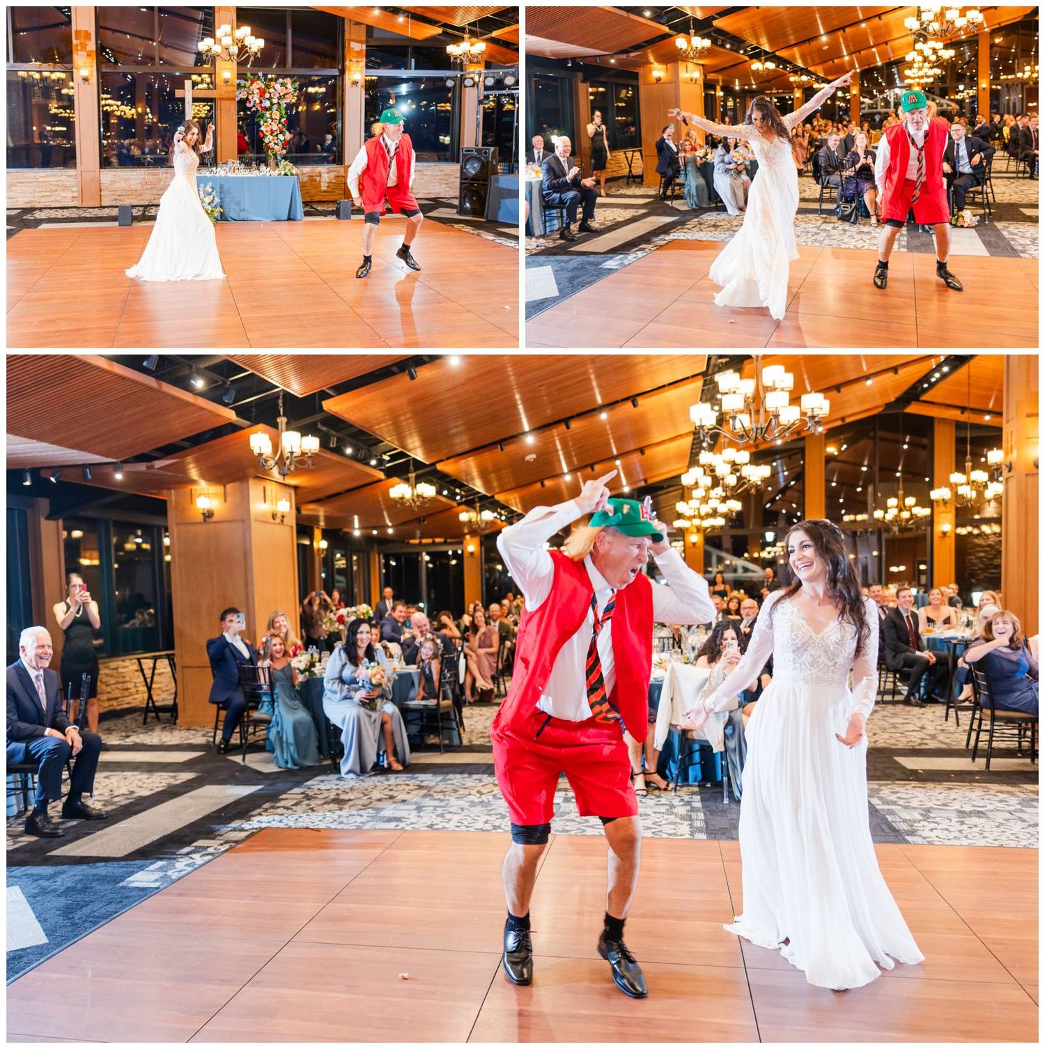 Wedding party dances on a wooden floor under warm lighting in a rustic indoor venue during reception celebrations.