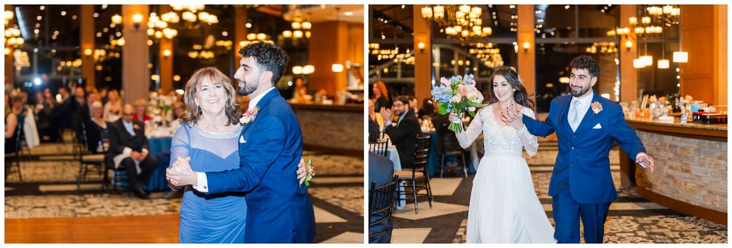 Wedding reception venue decorated with warm lighting and couples dancing on a wooden floor.
