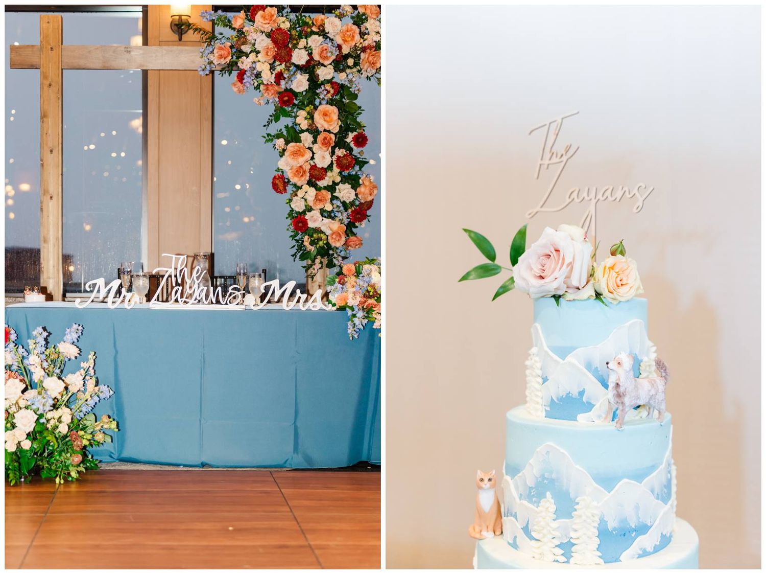 Wedding reception details featuring floral arrangements and a light blue tiered cake with delicate decorations.
