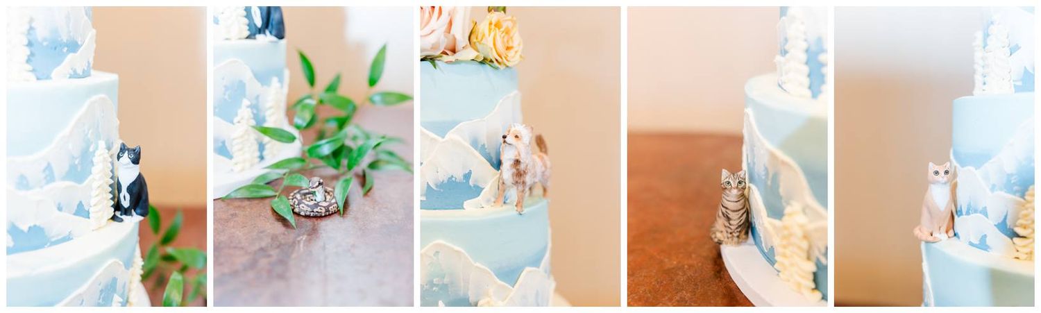 Series of blue and white wedding cake photos with delicate details and decorative elements.
