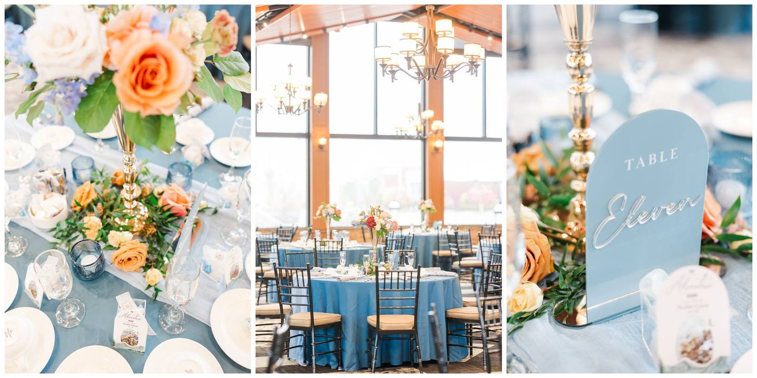 Wedding reception details featuring blue and coral decor elements with floral centerpieces.