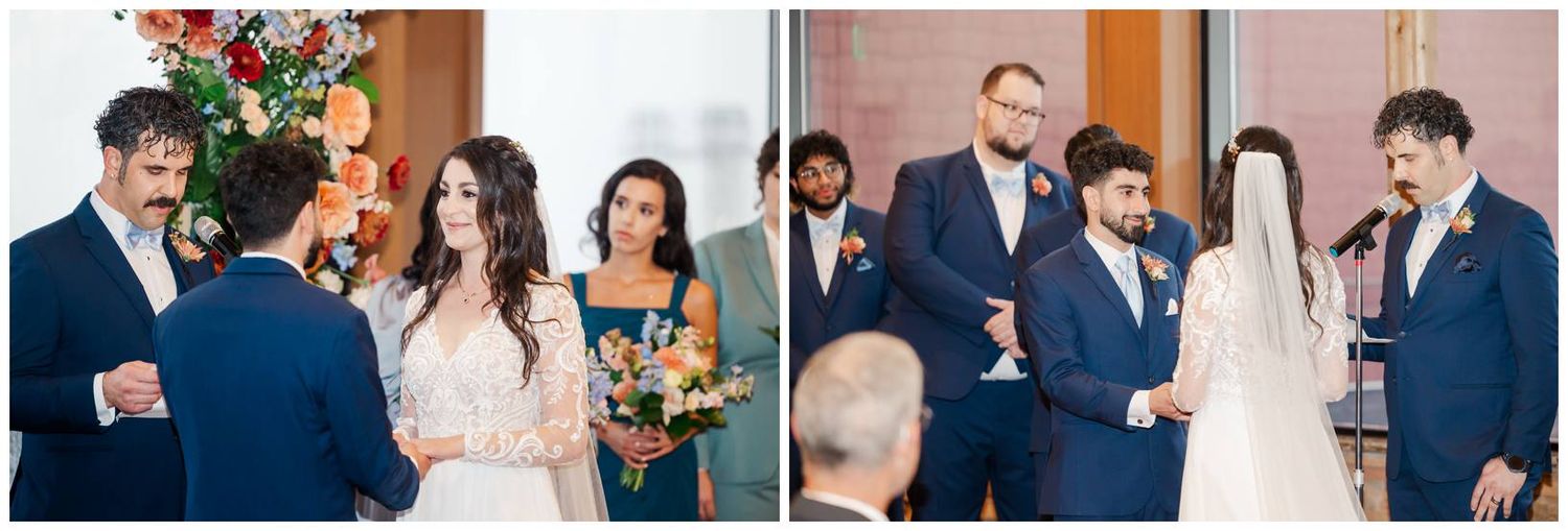 Joyful moments captured during an indoor wedding reception with classic decor.