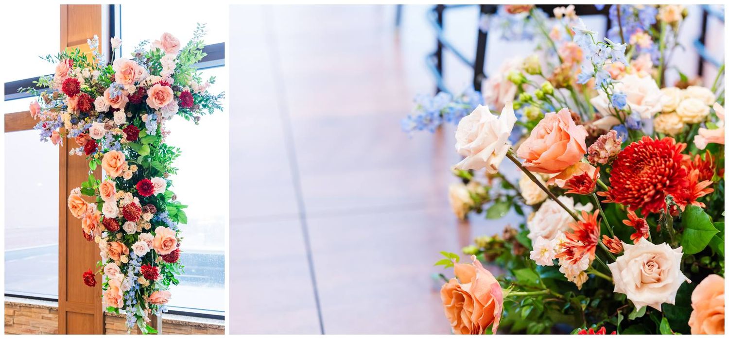 Elegant floral arrangements featuring coral, peach and red blooms with greenery accents.