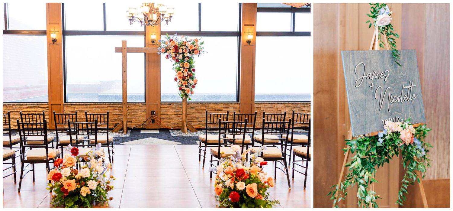 Modern indoor wedding ceremony setup with wooden chairs and floral aisle decorations in natural light.