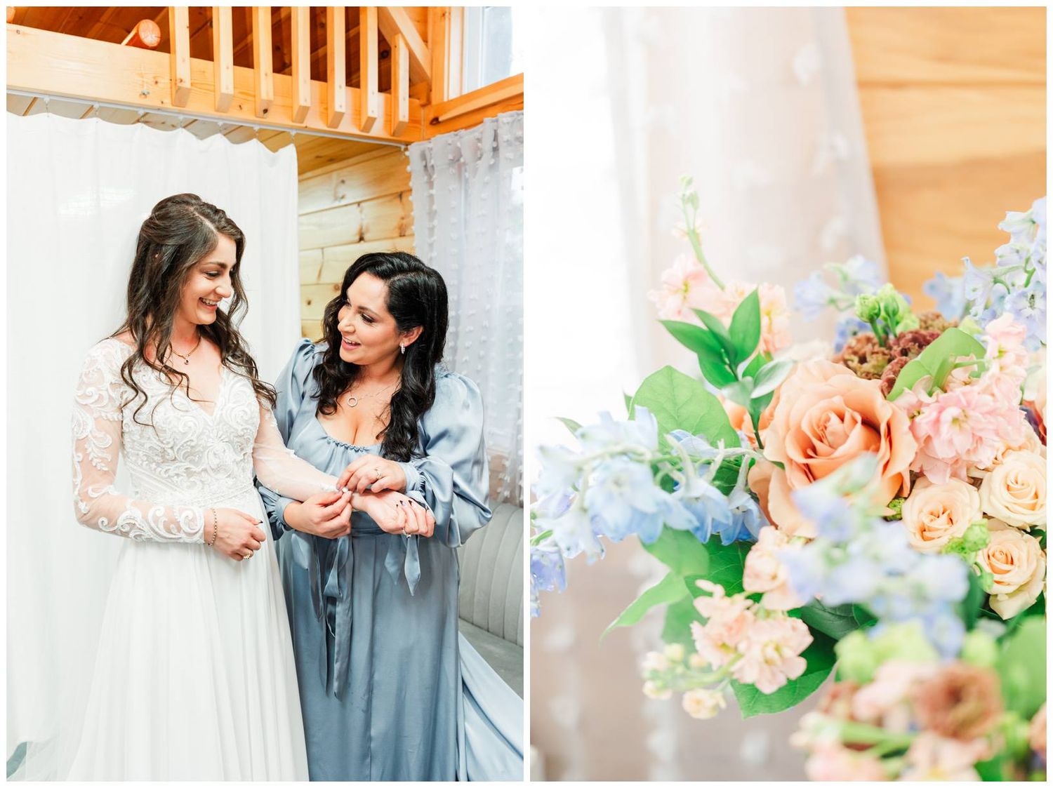 Soft peach and pink floral arrangements with greenery accent a wedding celebration in warm lighting.