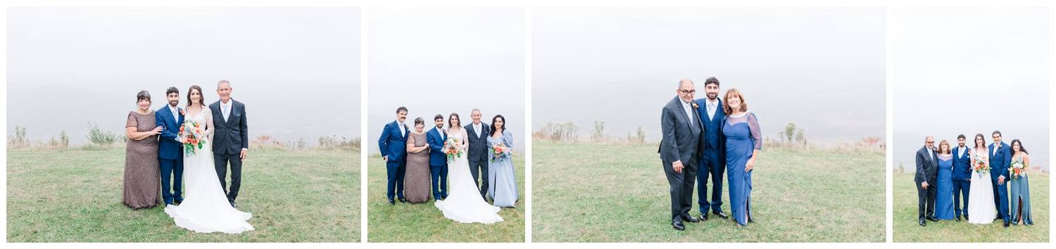 Wedding party poses outdoors in a series of casual group shots against a misty natural backdrop.