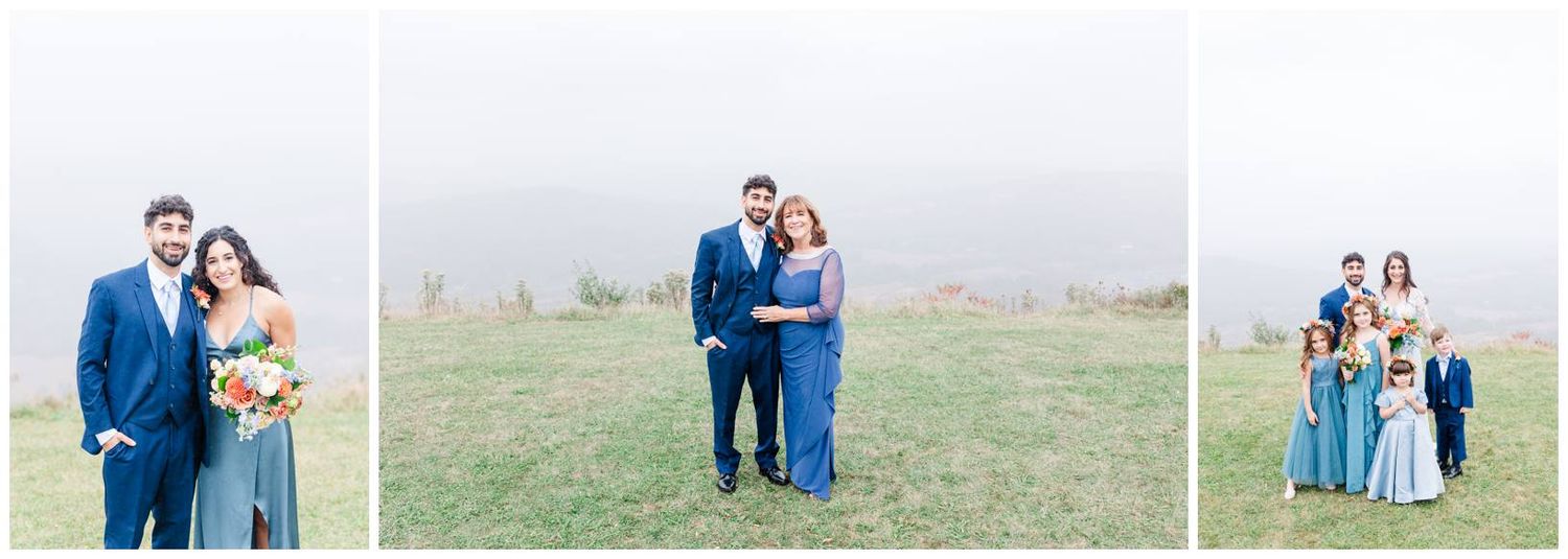 A series of outdoor engagement photos showing a couple in blue and white outfits posing together in a field.