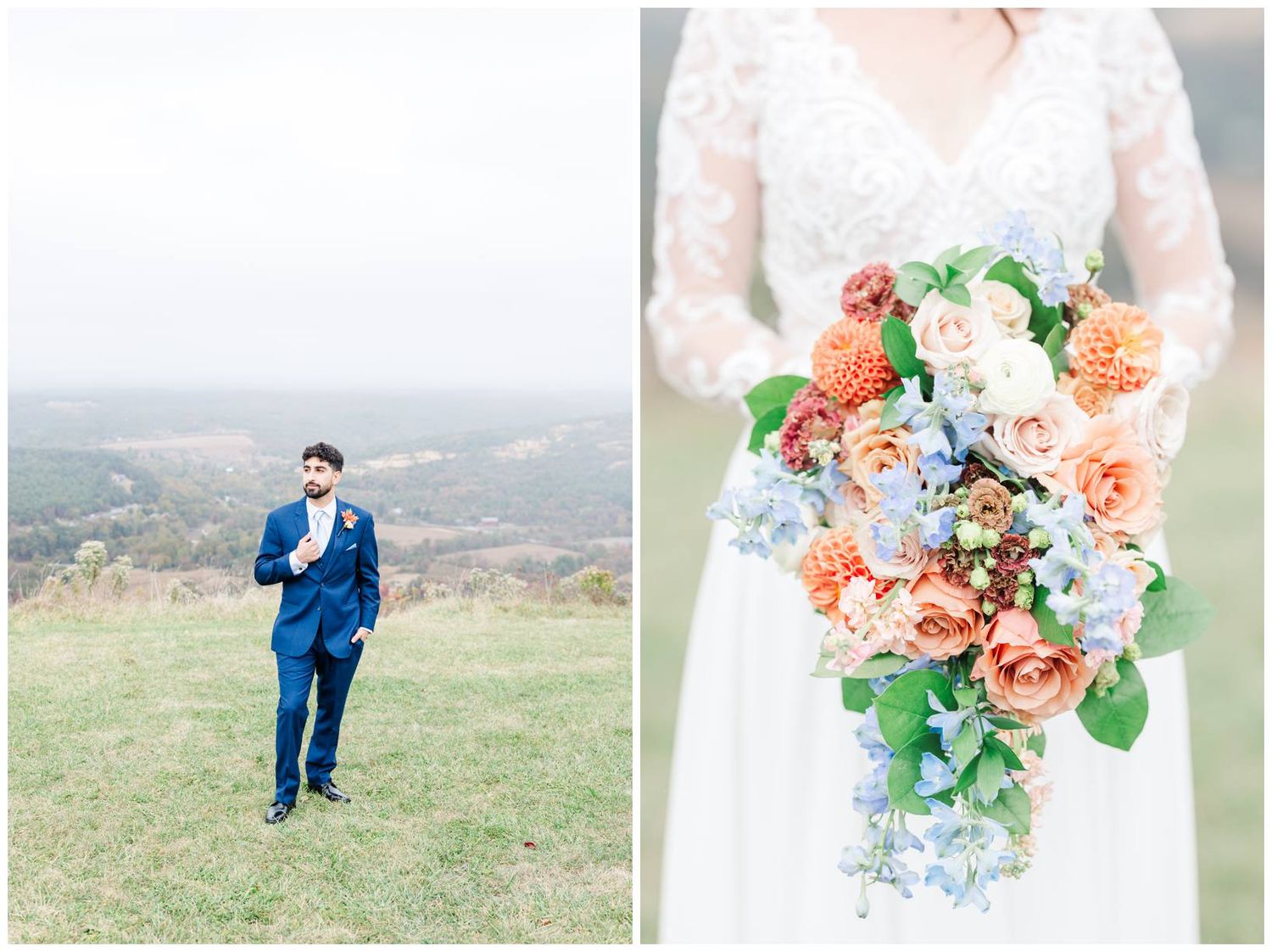 Romantic wedding photos featuring peach and coral floral arrangements against a scenic mountain backdrop.