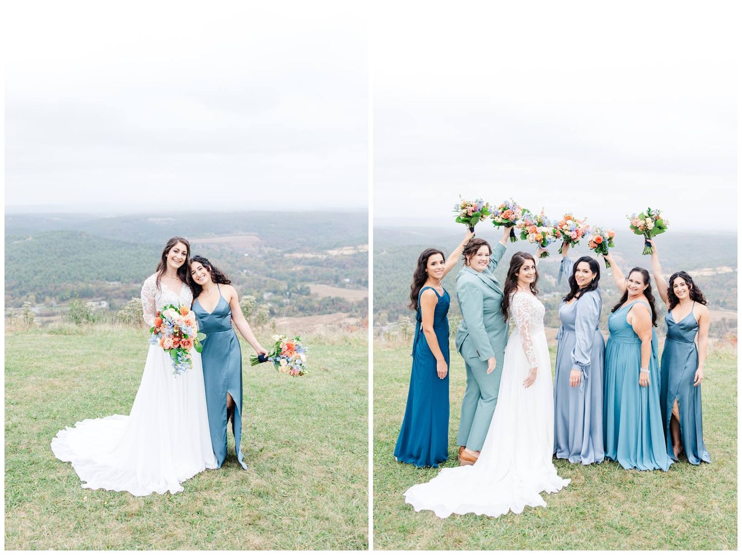 Wedding party photos with bridesmaids in blue dresses on scenic mountain overlook.