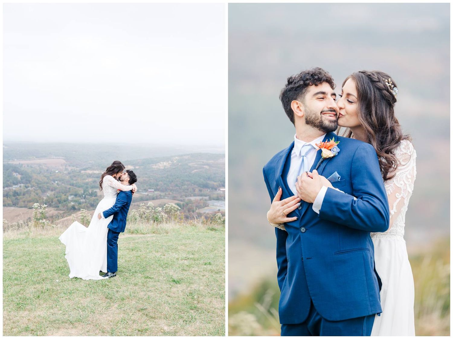 A romantic wedding photo series showing a couple embracing in a scenic mountain landscape.