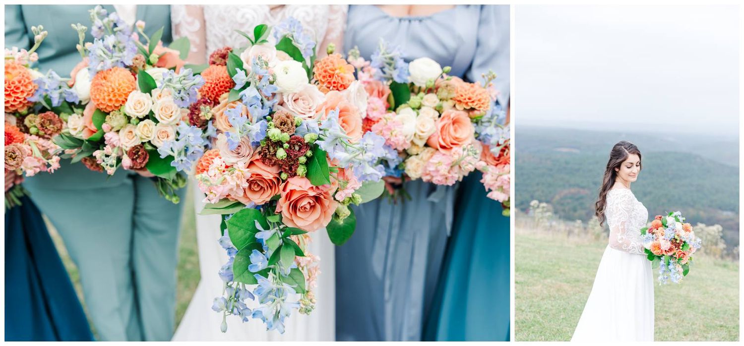 Wedding party details featuring coral and peach floral arrangements with blue and grey accents.