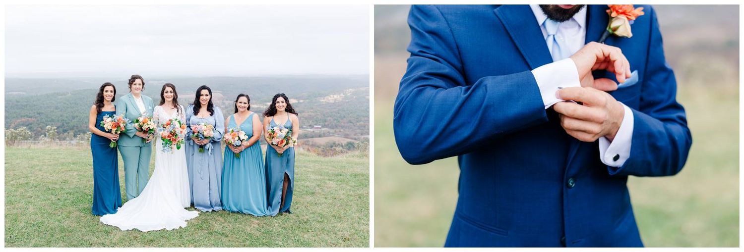 Wedding party in blue attire poses for formal portraits against scenic mountain landscape.