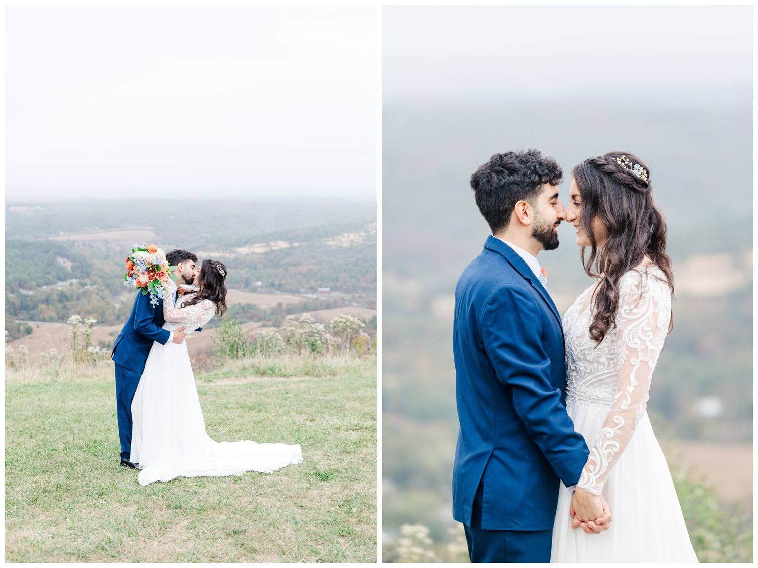 Wedding portraits captured on a scenic mountain overlook showing romantic moments.