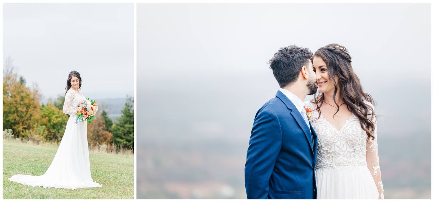 Romantic outdoor wedding photos with mountain landscape backdrop.
