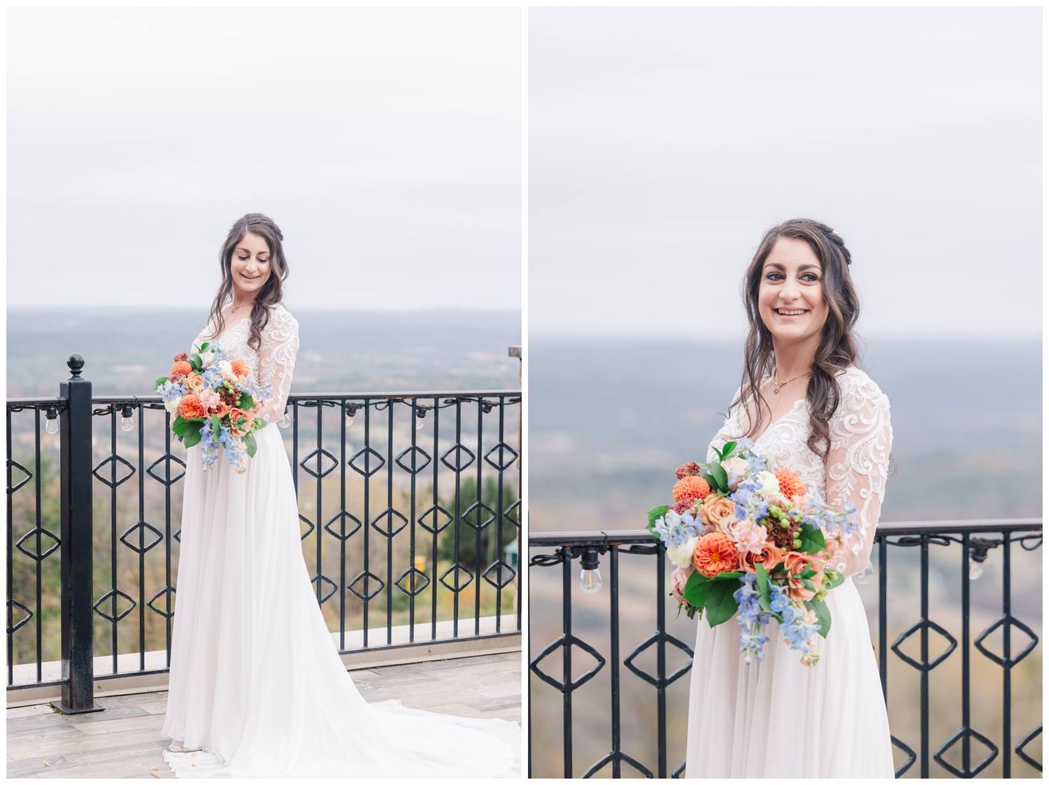 A bride in a lace gown holds a vibrant bouquet on a scenic mountain overlook.