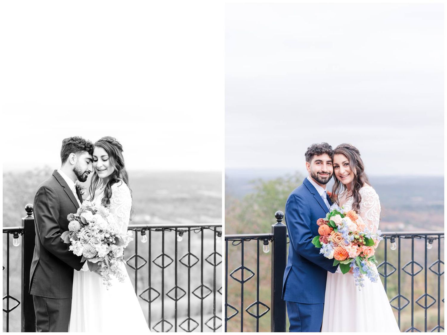 Wedding couple embracing on a scenic mountain overlook with fall foliage in the background.