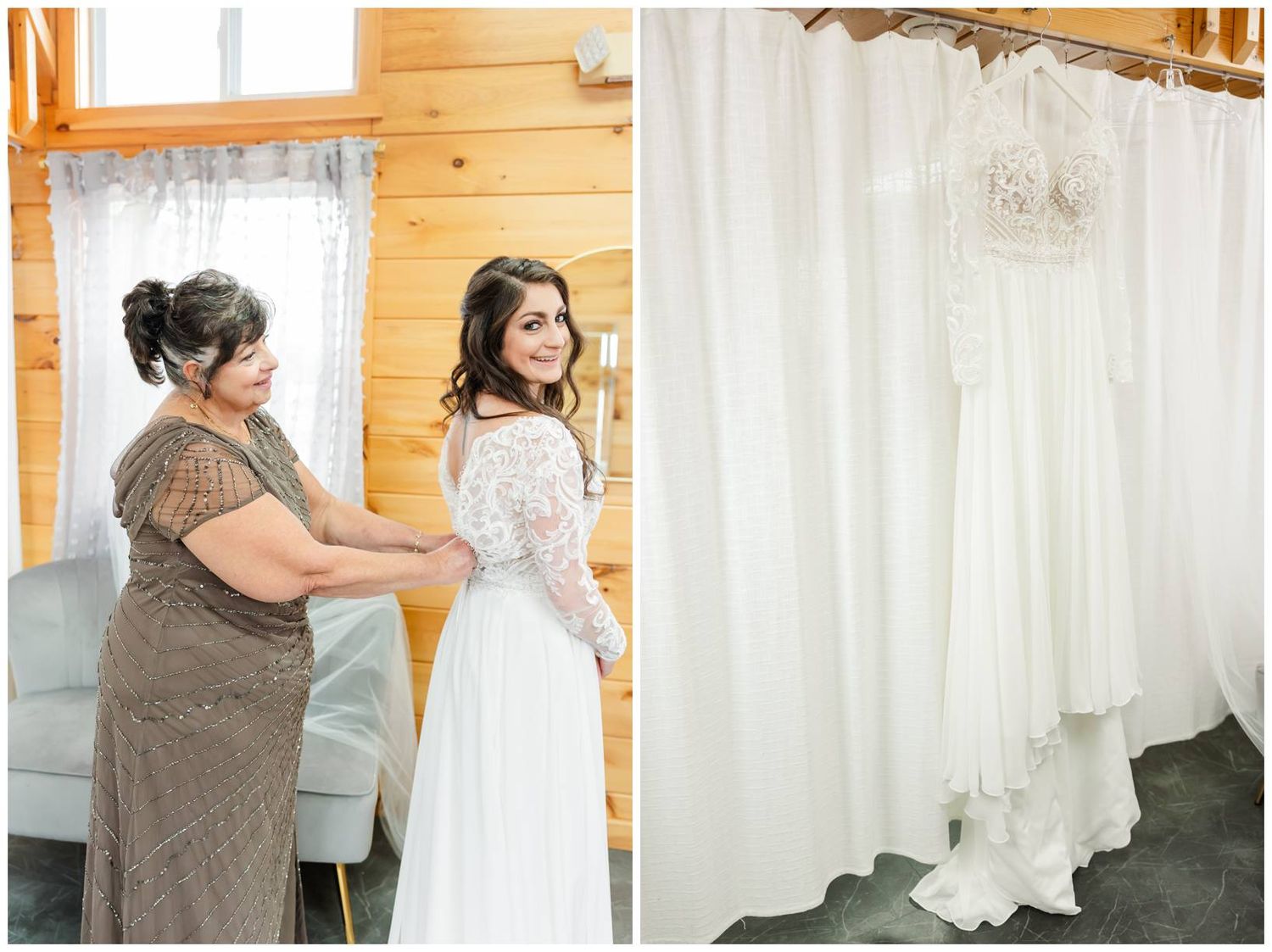 A wedding dress fitting session in a rustic wooden room with white curtains.