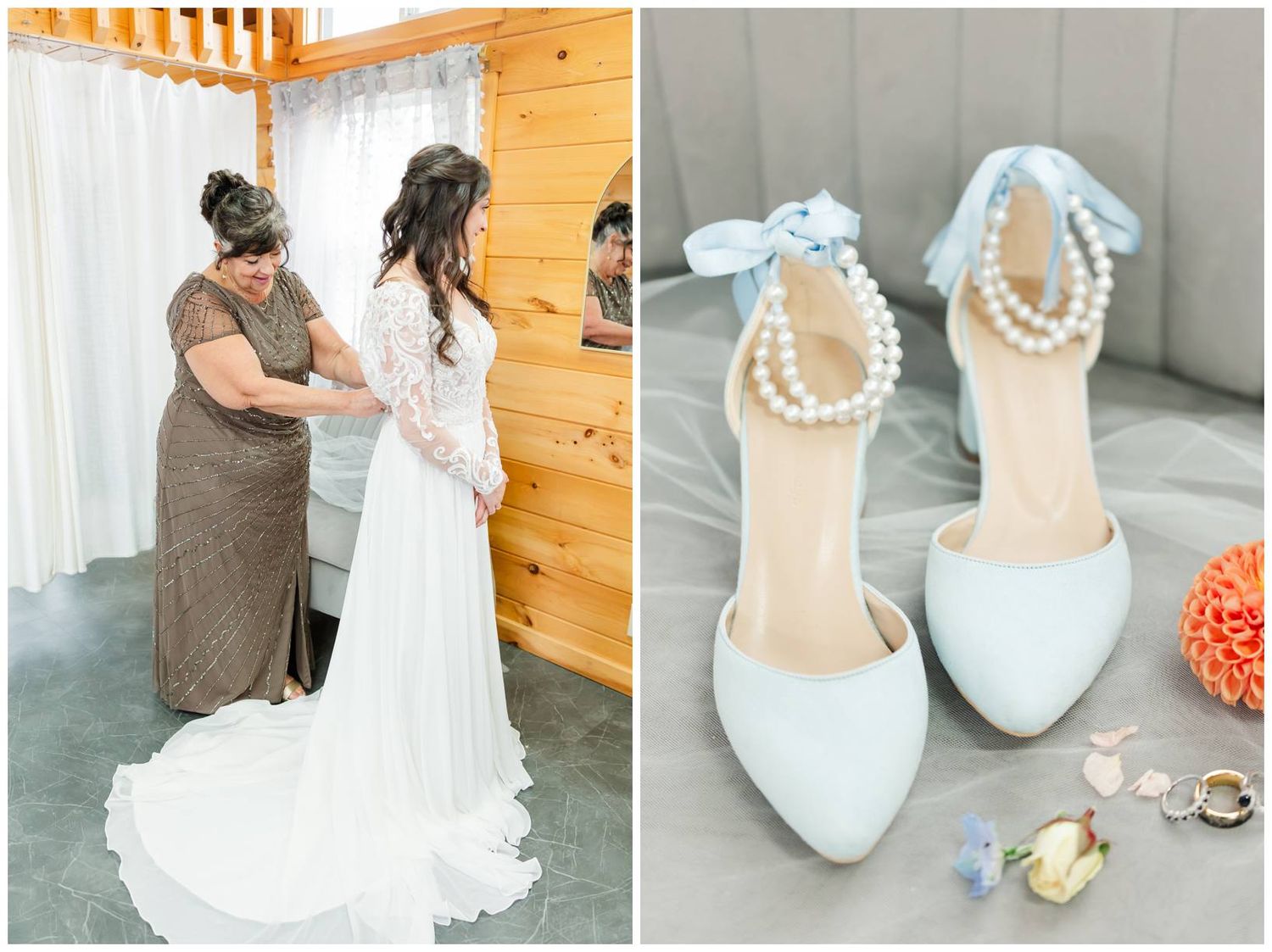 A wedding preparation scene showing dress fitting and elegant white bridal shoes with pearl details.