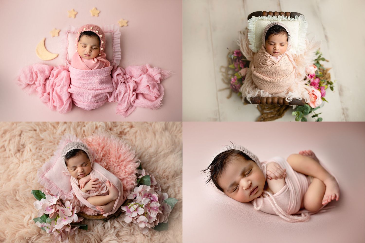 A collage of newborn photography featuring soft pink tones, floral arrangements, and delicate poses on textured backgrounds.
