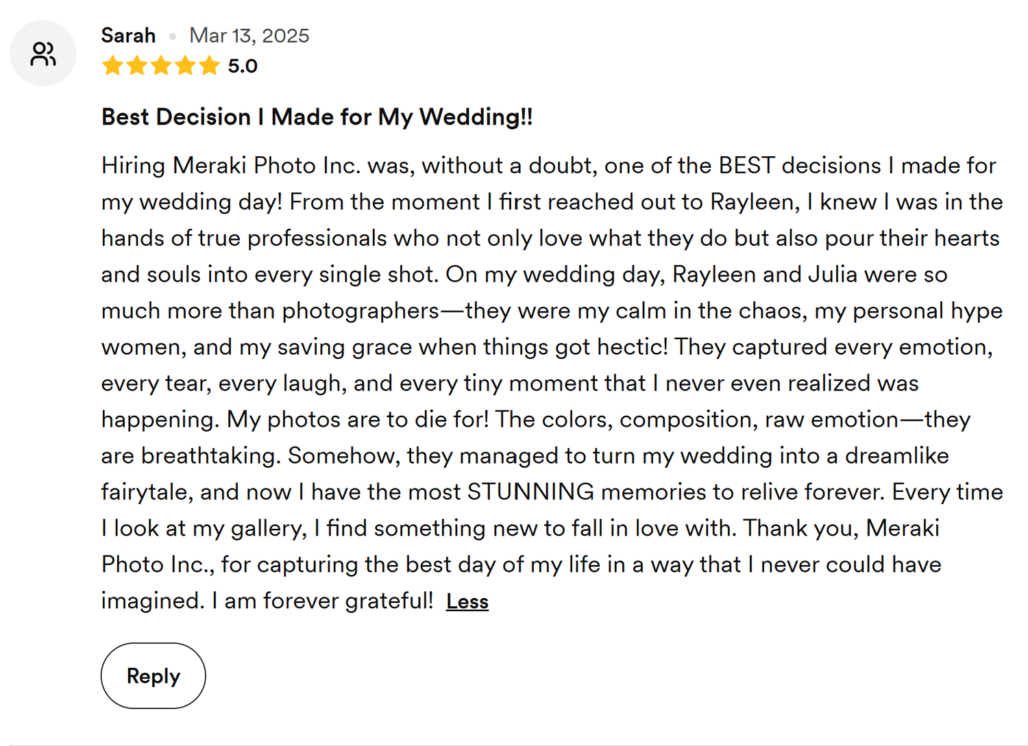A screenshot of a positive 5-star review for a wedding service with text describing a customer's experience.