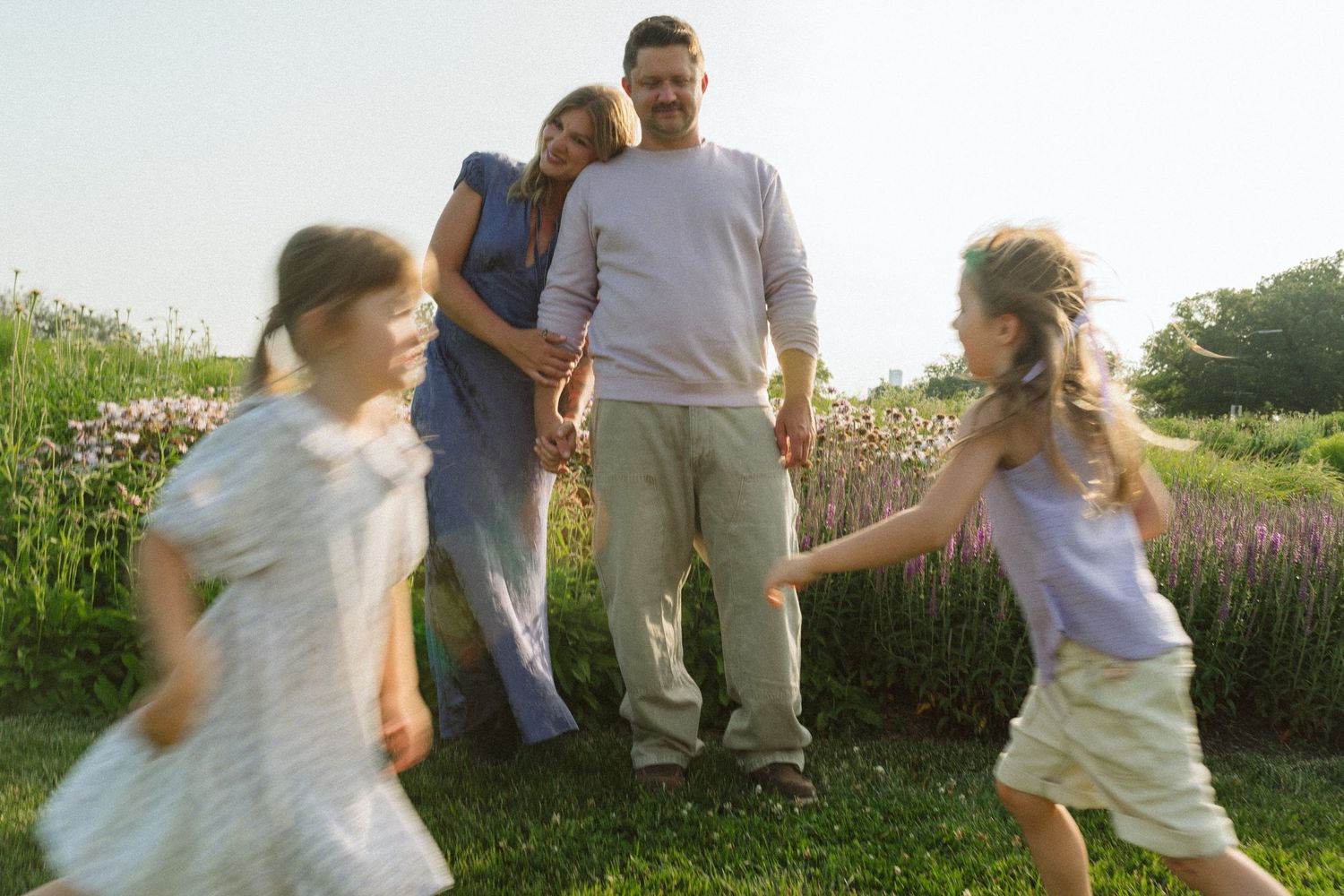 A playful sequence of family moments captured in a garden setting during golden hour.
