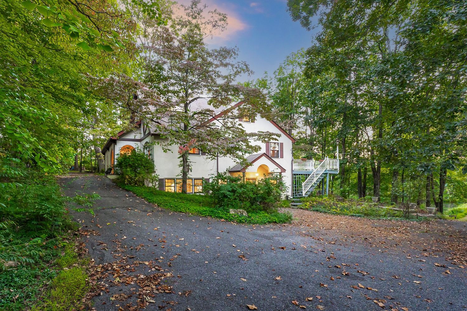 Scenic driveway surrounded by lush green trees and landscaping in a residential area.