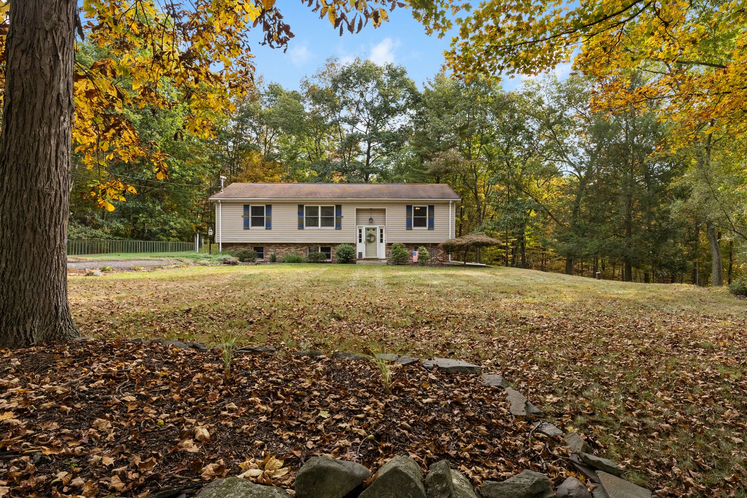 Fall foliage surrounds a modern house with well-maintained lawn and mature trees.