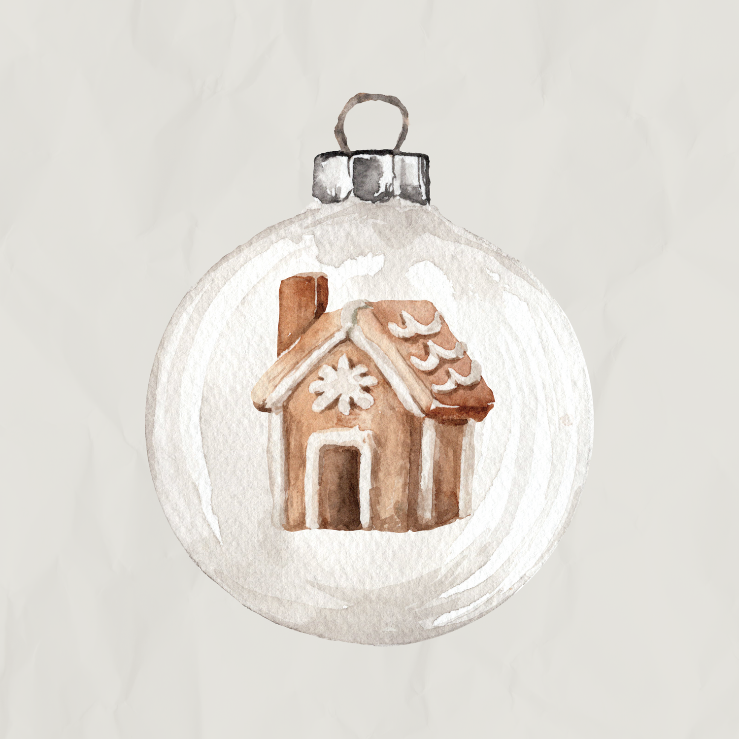 Watercolor illustration of three small gingerbread house Christmas ornaments on white plates.