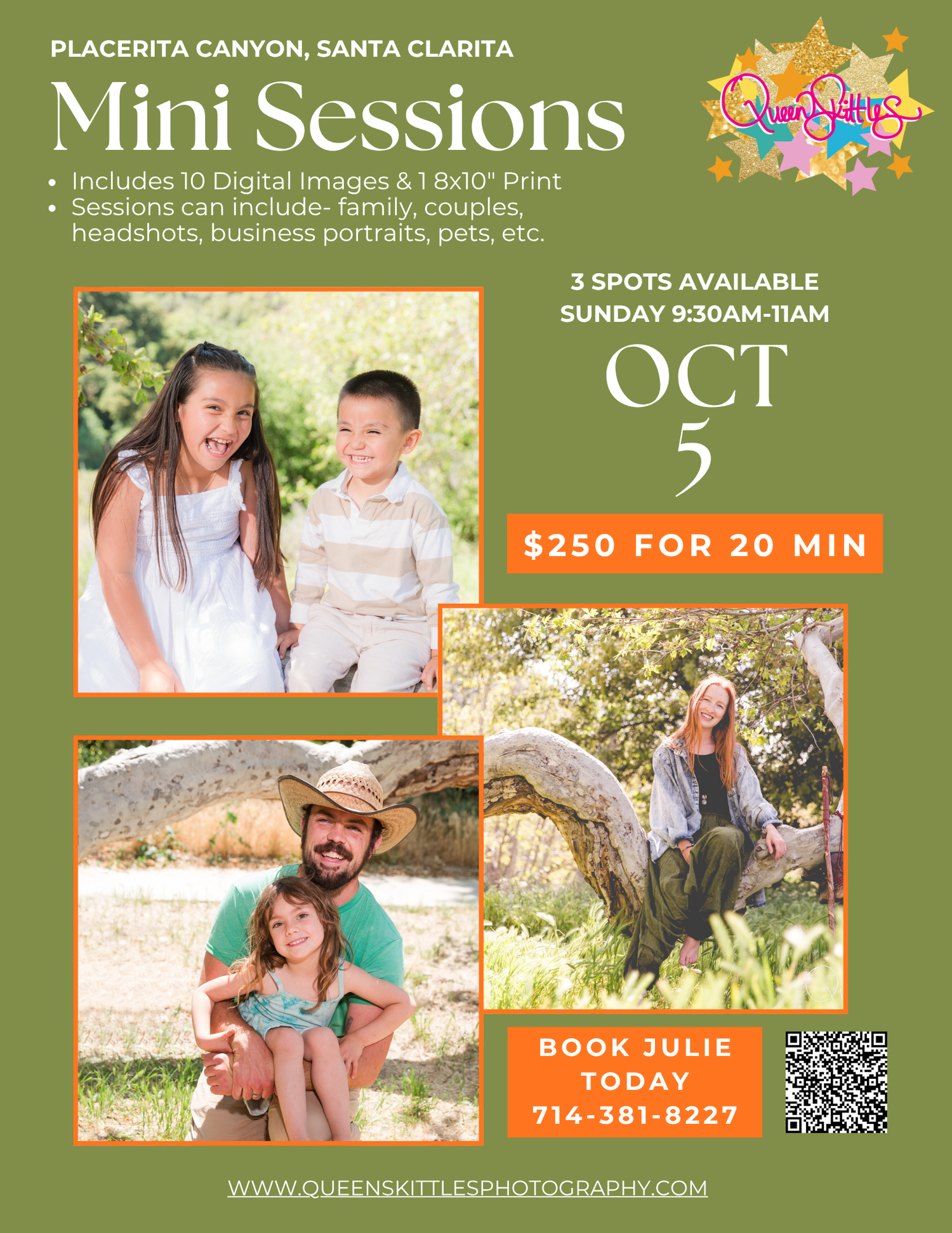 Green and pink fall mini photo session advertisement showing outdoor family portraits in Santa Clarita canyon.