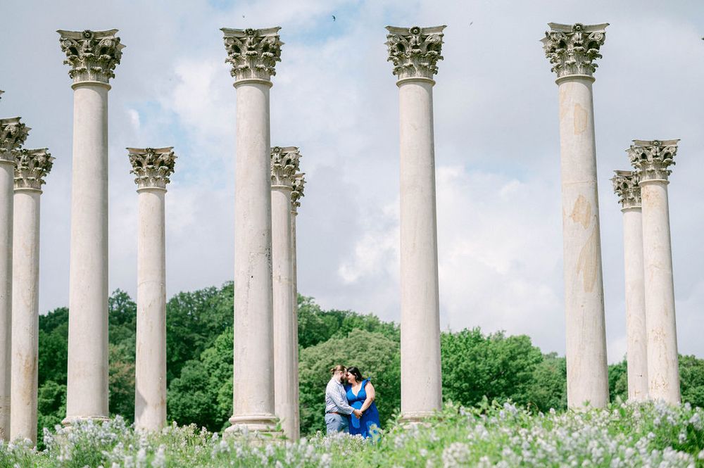 Tall white Corinthian columns stand in a row against a blue sky, with green foliage in the background.