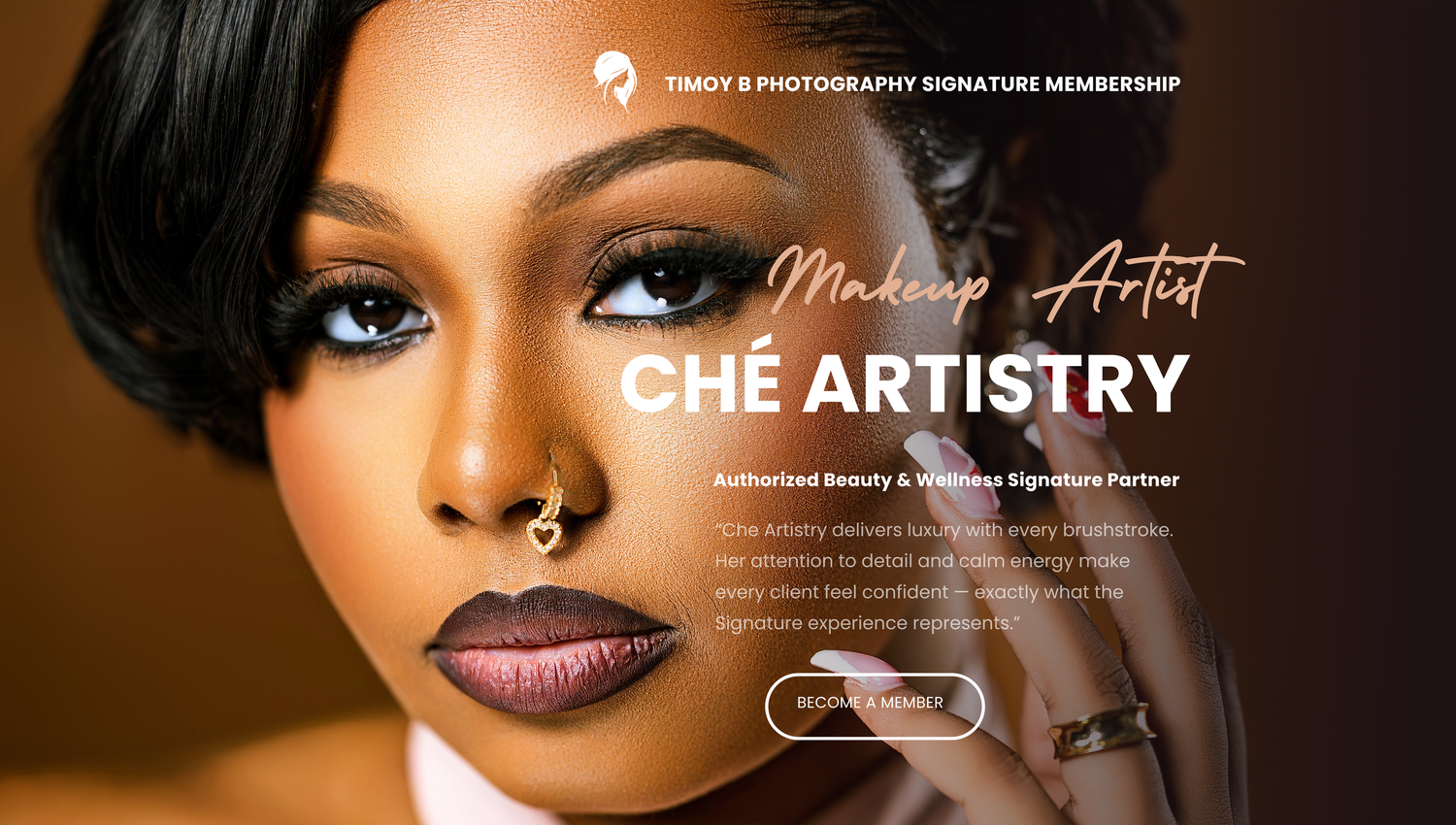 Editorial makeup portrait for Che Artistry captured by Timoy B Photography – premium beauty partner imagery.