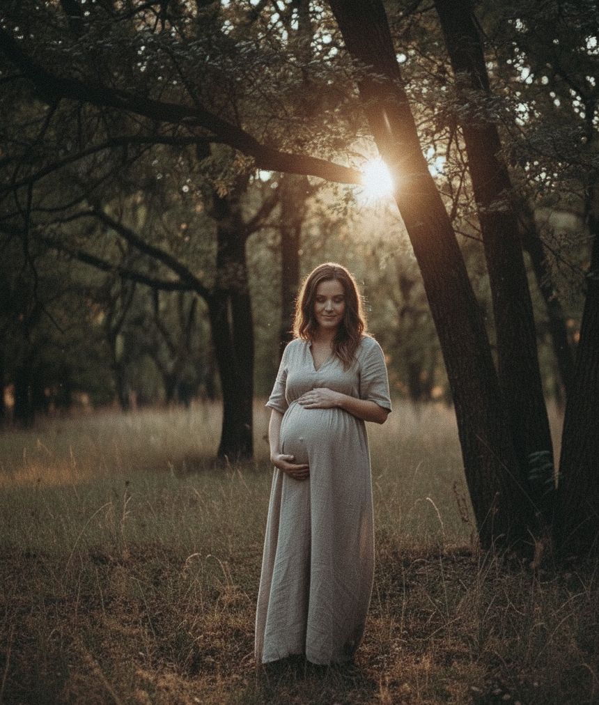 A pregnant woman in a white dress stands in a sunlit forest meadow during golden hour.maternity photographer in london