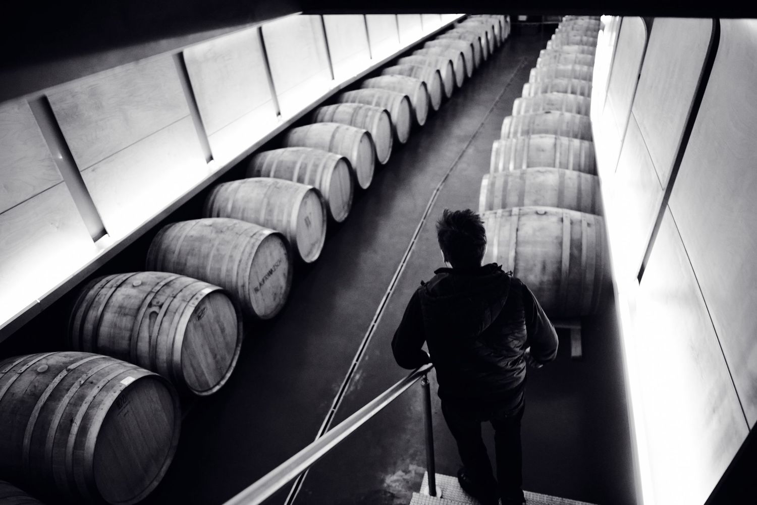 Black and white photo of person walking past oak wine barrels in cellar.