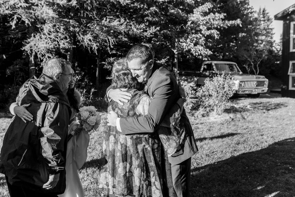 A black and white photo collage shows outdoor wedding celebration moments with guests mingling in a garden setting.