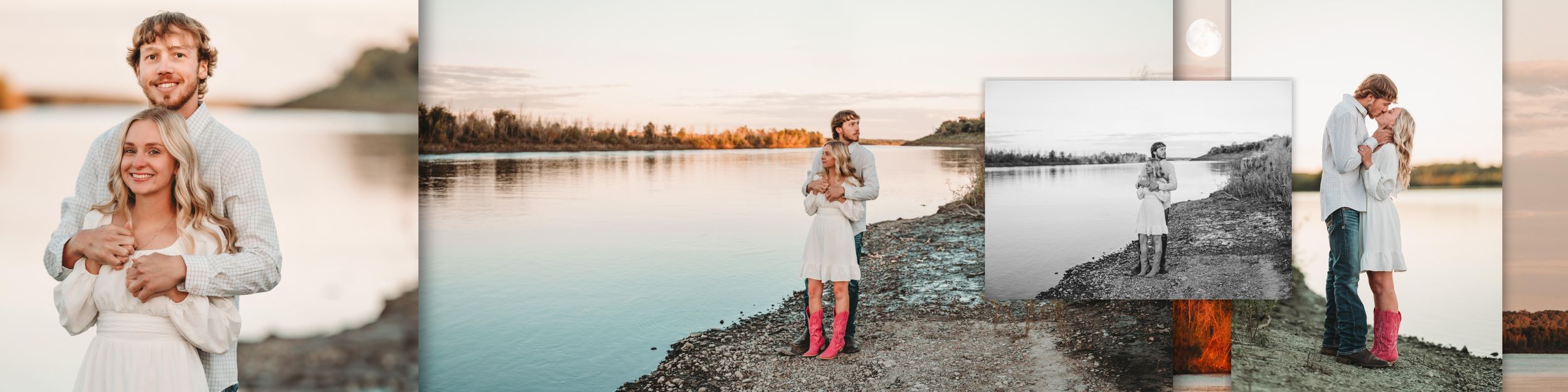A collection of four lifestyle photos showing people enjoying a peaceful lakeside setting at sunset.