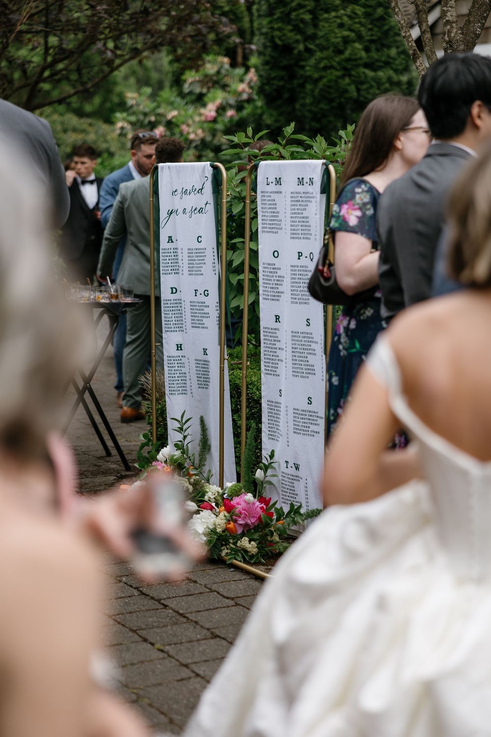 Wedding guests reading seating arrangements displayed on white boards with floral decorations at an outdoor venue.
